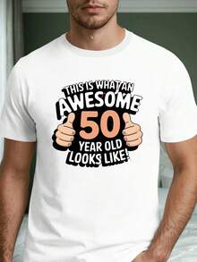50th Birthday Gift For Men - Funny Men's 50th Birthday T-Shirt With Thumbs Up And Number 50 Printed! – Cotton, Casual Crew Neck For Special Celebrations And More - 黑色 - 查看 1