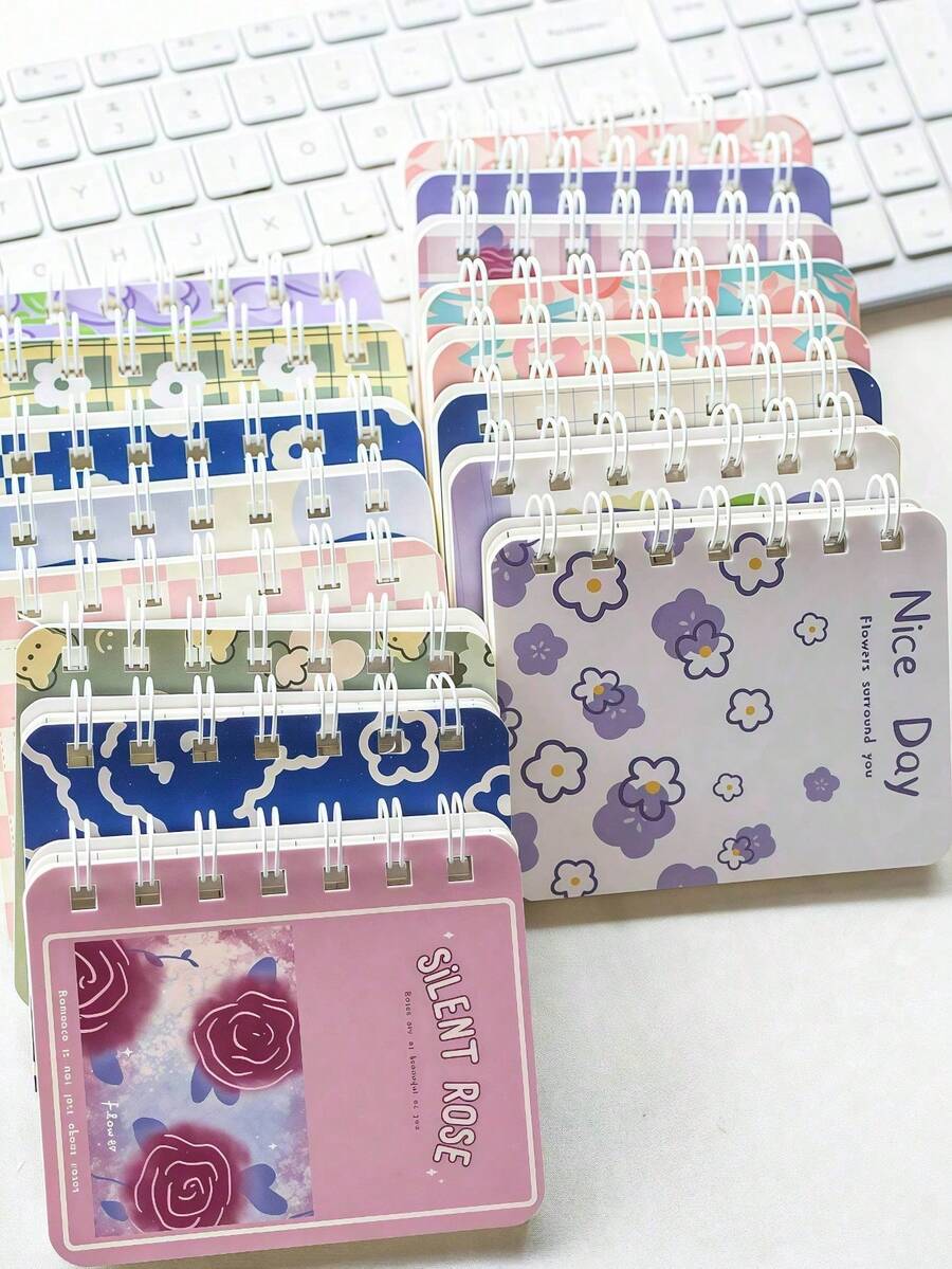 12pcs Floral Decorative Spiral Notebooks, Pocket Size Mini A7 Journal, Portable For Office Use - one-size - View 1