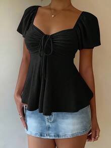 Women's T-Shirt, Modern And Elegant, New For Spring/Summer, Y2K Style, Solid Color, Jacquard, Comfortable And Breathable, With V-Neck, Adjustable Drawstring And Short Sleeves - 黑色 - 查看 3