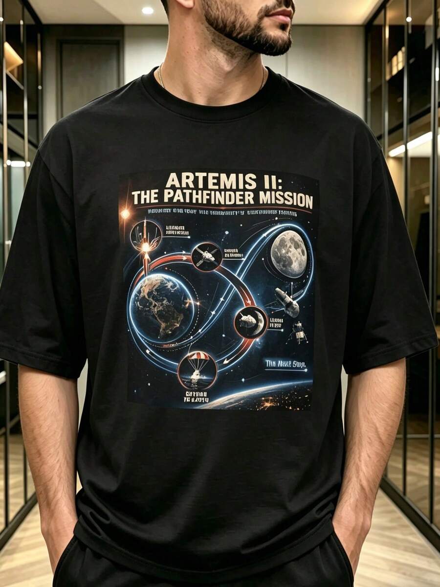 Men's Plus Size Artemis No. 5.08 Cm Pathfinder Mission Urban Style Loose Fit T-Shirt With Infographic Print, Ideal For Couples' Parties, Birthdays And Casual Wear, Gift - 彩色 - 查看 1