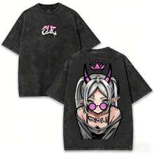 Frieren Streetwear Washed Vintage Anime T-Shirt | Demon Elf Girl Graphic Tee With Purple Crown | Plus Size Retro Shirt | Unisex Thick Cotton T-Shirts - 黑色 - 查看 1
