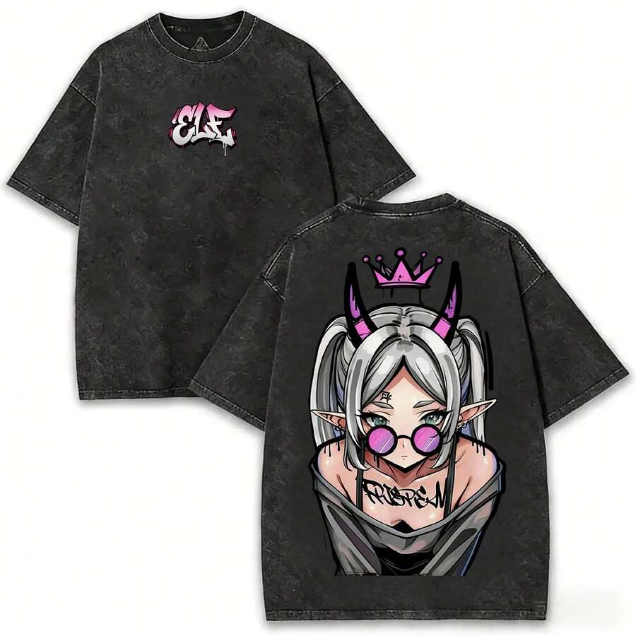 Frieren Streetwear Washed Vintage Anime T-Shirt | Demon Elf Girl Graphic Tee With Purple Crown | Plus Size Retro Shirt | Unisex Thick Cotton T-Shirts - 黑色 - 查看 1