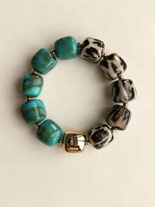 1pc Leopard Print Chunky Women's Bracelet, Marble Pattern Resin Beads Elastic Stretch Style, Exaggerated Animal Print Lightweight Stackable Bangle, Unique Gift - Leopard Print Mixed With Multiple Colors - View 12