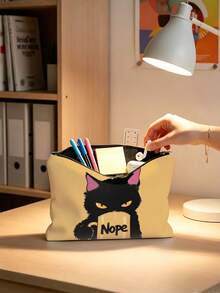 Tsundere Black Cat "Nope" Coffee Cup Makeup Bag, Funny Cat Print Zipper Storage Pouch, Portable Cosmetic Creative Gift - Multicolor - View 2