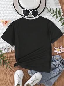 Girl's T-Shirt With Letter Print, Creative, Novel And Fashionable. - 黑色 - 查看 3