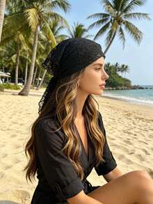 1pc Black & White Lace Hollow Triangle Bandana Headband, Beach Vacation Travel Outfit Accessory, Fashion Waist Wrap Hip Scarf, Premium Solid Color Headband - Multicolor - View 6