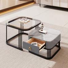 Stackable Coffee Table: High-Gloss Marble Look And Glass Top, Black Legs, Side Table With Drawers In A Set Of 2 - 黑色 - 查看 3
