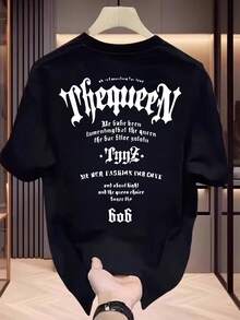 Camiseta unisex de manga corta de puro algodón con estampado de letras "My Queen" para hombre, versátil - Negro - Ver 1