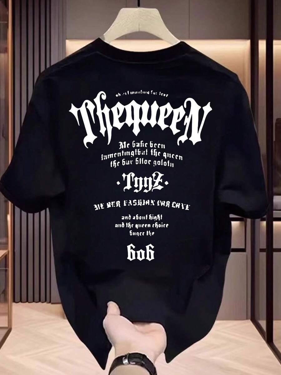 Camiseta unisex de manga corta de puro algodón con estampado de letras "My Queen" para hombre, versátil - Negro - Ver 1