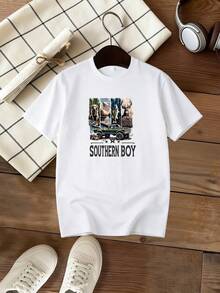 Camisetas para niños y adolescentes, con un estampado creativo y único de "Car and Puppy SOUTHERN BOY", de manga corta, con un diseño elástico y transpirable, adecuadas para jugar al aire li - Negro - Ver 10