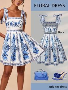 Floral Print Tie Shoulder Cami Dress Elegant Summer - Blue and White - View 2