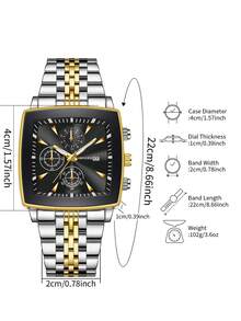 Reloj de pulsera clásico de moda para hombre con esfera cuadrada de tres ojos y calendario, elegante reloj de cuarzo (1 pieza/set), caja de reloj no incluida - Negro - Ver 4