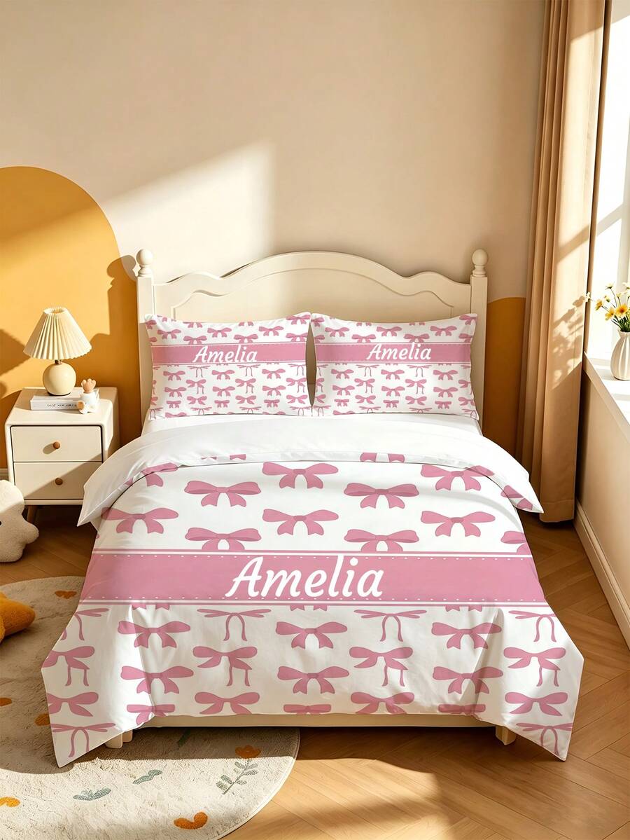 2/3PCS Pink Bow Customizable Name Printed Duvet Cover, Gentle And Sweet Girl'S Minimalist Style Polyester Bedding, Suitable For Girls, Bedroom Home, Dormitory Nap, And Girls' Birthday Exclusive Customization - Multicolor - View 1