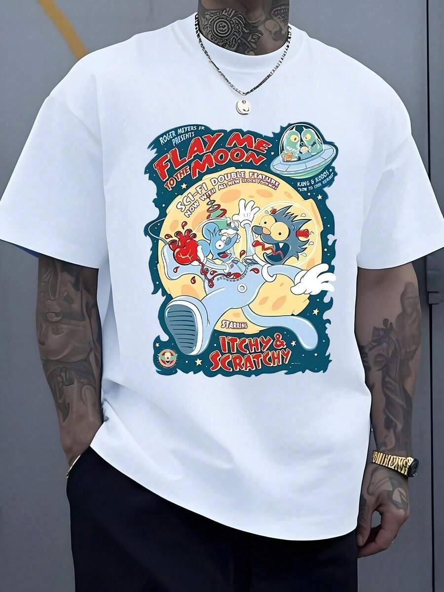 A Colorful Scene Shows An Astronaut Mouse And Cat Humorously Chasing Each Other Across The Lunar Surface Beneath An Alien Spacecraft, And A Retro Text In Bright Colors On A T-Shirt. - White - View 1