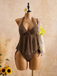 Conjunto de bikini de encaje con cuello halter y volantes para mujer: traje de baño de dos piezas favorecedor para aguas termales - Blanco - Ver 8