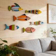 6pcs Set - Mediterranean Style Vintage Fish Wall Decor, Fish-Shaped Wall Hanging Decoration, Wooden Fish School Wall Art, Suitable For Bathroom, Bedroom, Living Room, Model Home, B&B, Hotel, Wooden Wall Decor - 111 - View 2
