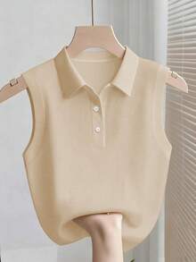 Camiseta sin mangas acanalada casual y elegante con cuello polo para mujer - Caqui - Ver 1