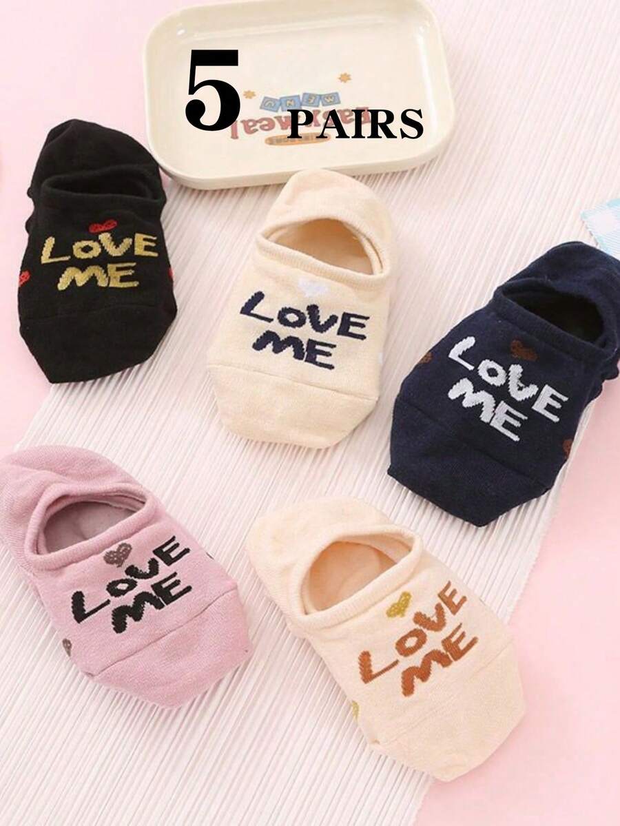 5 pares de calcetines invisibles tipo barco con letras LOVE ME - Multicolor - Ver 1