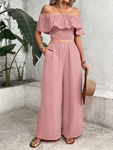 Ins, Blogger Favorite: Off-The-Shoulder Ruffle Crop Top + Wide-Leg Pants With Pockets And High Waist - Pink - View 1