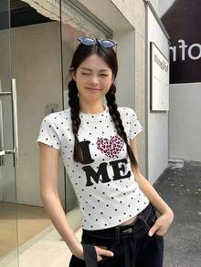 愛心字母波點 Y2K 短袖上衣，夏季修身顯瘦圓領 T 恤，女款休閒白色 - 白色 - 查看 4