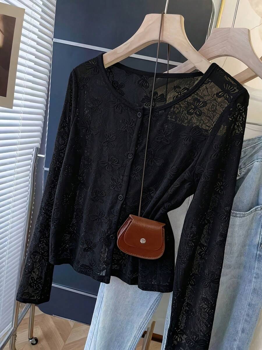 Chaqueta informal, versátil y ligera con estampado de mariposas en jacquard. - Negro - Ver 1