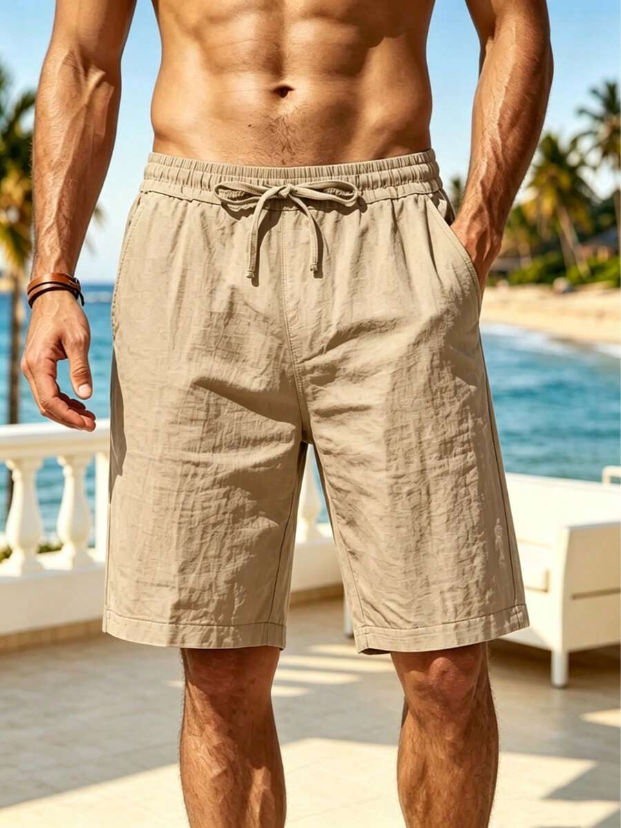 男士夏季薄亞麻透氣沙灘運動純色寬鬆百搭休閒度假膝蓋長度短褲 - 卡其色 - 查看 1