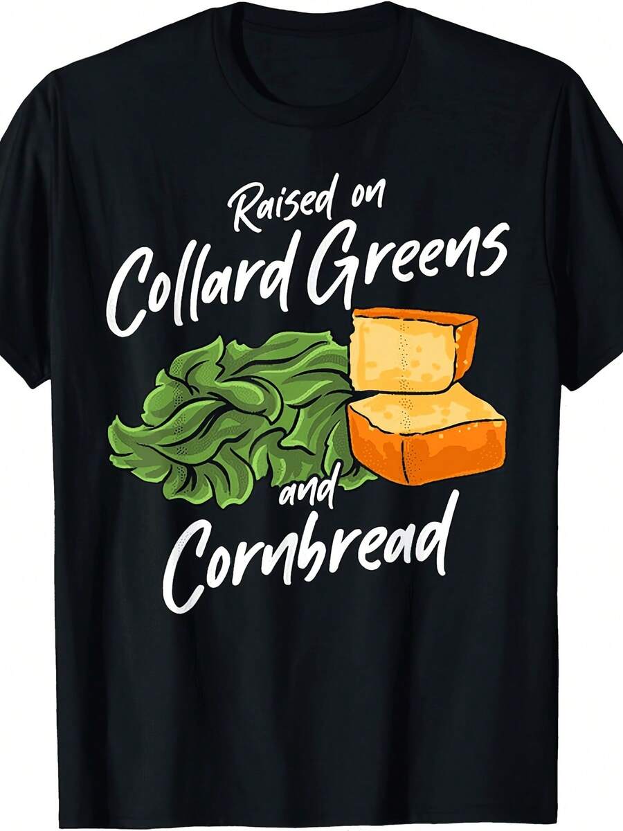 Unisex Southern Food T-Shirt With Cabbage And Cornbread Design - 220gsm High Quality, Vintage Retro Style, Casual Crew Neck For BBQs, Picnics And Casual Wear - 黑色 - 查看 1