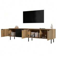 Mueble para TV de 208 * 40 * 48 cm en aglomerado, mueble bajo moderno con sistema de almacenamiento y gestión de cables para salón, unidad de almacenamiento de 3 cajones, compatible con televisores de 85 pulgadas. - Color natural - Ver 11