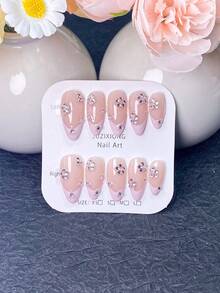 10 Peças Unhas Postiças Feitas à Mão, Unhas Curtas de Tom de Pele Nude de Verão com Pontas Francesas de Lavanda Suave, Decoradas com Acentos Florais de Cristal de Strass Roxo e Rosa, Adequadas para Uso Diário, Encontros e Ocasiões de Casamento - Rosa chiclete - Visão 13