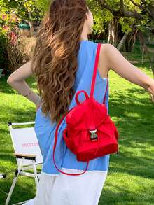 New Design Red Mini Drawstring Backpack For Women. Lightweight, Korean-Style Casual And Stylish, Perfect For Relaxed Outfits. Cute And Sophisticated, Ideal For Commuting, School, Or Everyday Outings. Vivid Color, Eye-Catching Drawstring Bag. - Red - View 7