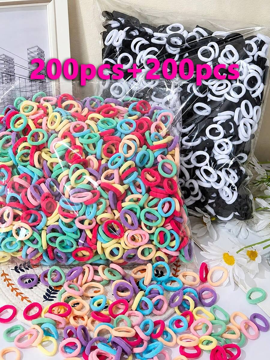 400入女孩彩色彈性髮圈,多巴胺混色柔軟馬尾髮帶,DIY髮型與日常使用髮飾 - 彩色 - 查看 1