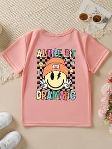 Camiseta de manga corta para chicas, estilo veraniego, con estampado de cuadros, estampado de doble cara con la frase "A LITTLE BIT DRAMATIC", top casual y versátil NYDX5507 - Rojo - Ver 3