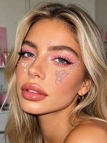 Pink Butterfly Flower 3D Glitter Rhinestone Face Jewels, Y2K Self-Adhesive Rhinestones, DIY Concert Disco Party Shiny Face Decoration - 粉色 - 查看 4