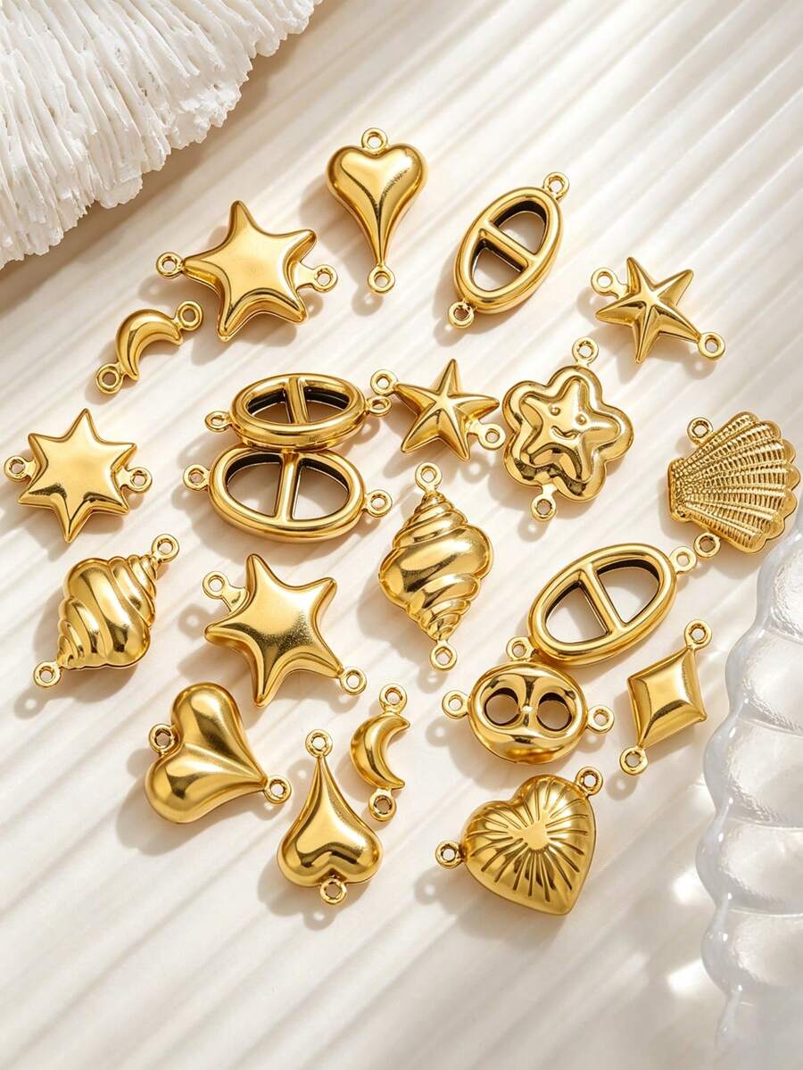 20Pcs Double Hole Link Connectors, 18K Gold Plated Stainless Steel Tarnish Resistant Heart Star Shell Moon Shape Charms For DIY Jewelry Making - Double Hanging Connector - View 1