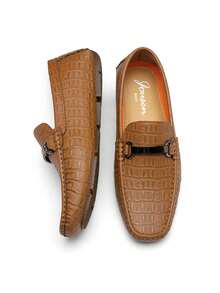 SHOESMALL Men's Metal Decor Brown Casual Loafers Crocodile Printed Slip On Shoes  Penny Leisure Round Toe Flat Shoes For Outdoor Manfinity Unisex - AMY3044A-棕色 - 查看 6