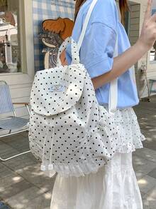 Nueva mochila con cordón, encaje de lunares y ribete de volantes para mujer, mochila escolar, mochila pequeña de viaje - Blanco - Ver 8