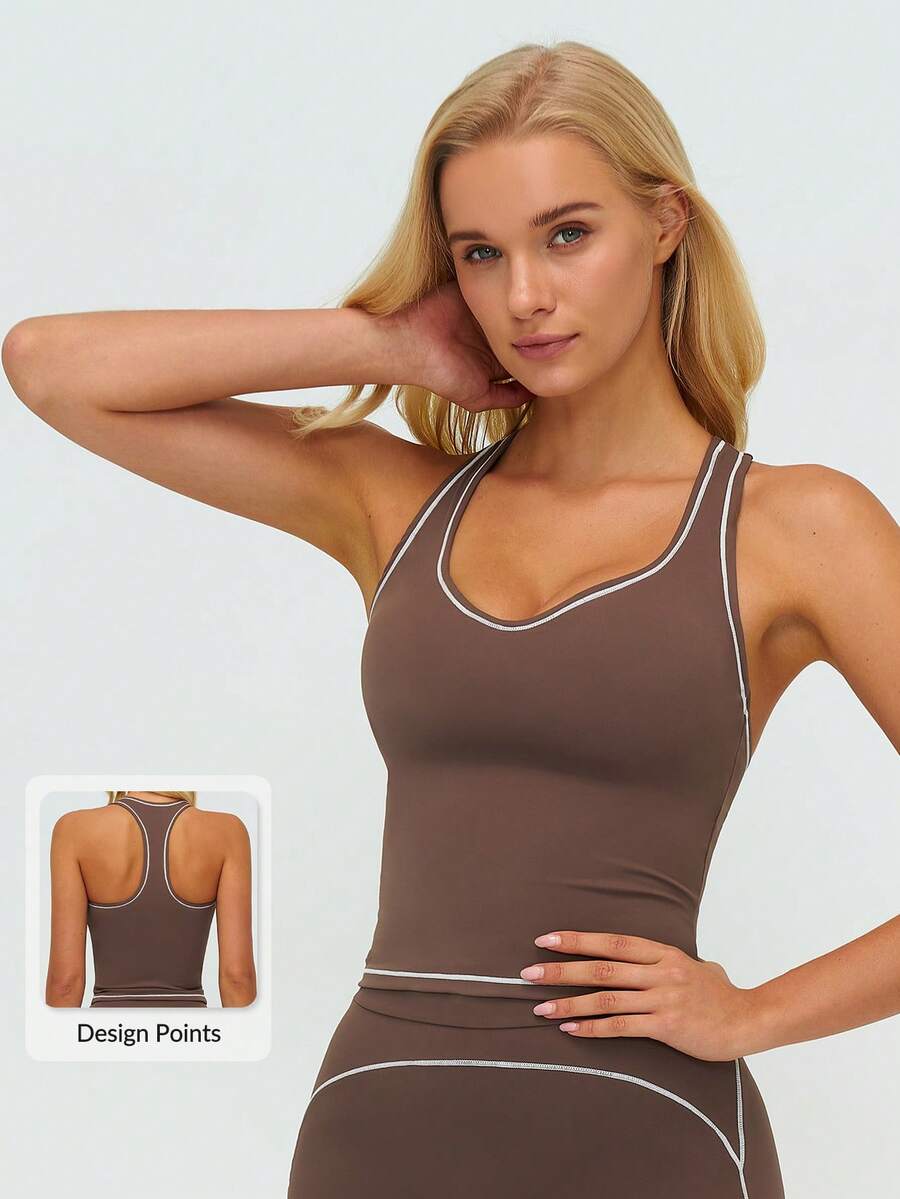 MASKERT 女款運動背心,瑜伽背心,高彈性跑步健身吊帶衫,舒適親膚 - 咖啡棕 - 查看 1