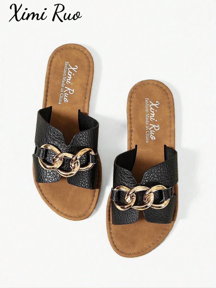 Ximi Ruo Women's Casual Flat Woven Roman Sandals, Suitable For Spring, Summer, Outdoor, Beach, Apartment, Dress Matching, Fashion Slip-On Slippers - Black - View 1