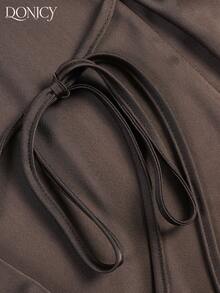 DONICY Blus Kasual Modis Wanita Warna Cokelat dengan Ikat Pinggang dan Leher Bulat - Coffee Brown - View 3