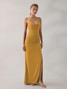 VIPGIRL Elegante vestido largo sin tirantes y sin espalda para mujer, diseño con abertura, estilo con cremallera, adecuado para fiestas u ocasiones formales - Amarillo - Ver 1