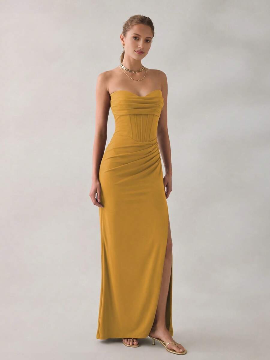 VIPGIRL Elegante vestido largo sin tirantes y sin espalda para mujer, diseño con abertura, estilo con cremallera, adecuado para fiestas u ocasiones formales - Amarillo - Ver 1