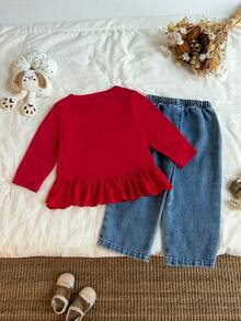 Bộ 2 món bé gái gồm áo cổ tròn tay dài và quần dài denim - Đỏ - Xem 3