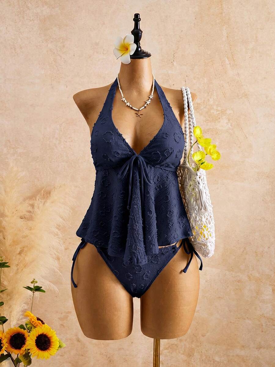 Women's Halter Neck Ruffle Lace Bikini Set: Flattering Two-Piece Swimsuit For Hot Springs - Navy Blue - View 1