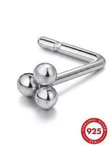 lunastudio 1pc Minimalist 925 Sterling Silver 3-Ball L-Bar Nose Stud, Suitable For Women's Daily Wear - Silver - View 3