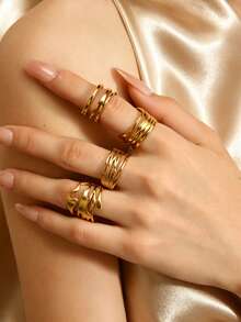 4pcs Summer Elegant Stainless Steel Asymmetrical Hollow Line Women's Ring Set, Suitable For Daily Wear, Date, Holiday Accessories, Open Adjustable - Gold - View 1