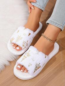 Sandal Rumah Wanita Model Terbuka dengan Hiasan Pohon Natal, Sepatu Rumah Slip-On yang Nyaman dan Bernapas untuk Musim Gugur/Dingin, Sepatu Asrama Mahasiswa - Putih - View 6
