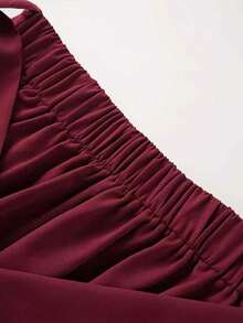 Autumn/Winter Workwear High Waist Slimming Versatile Mid-Length Solid Color Elegant Design Umbrella Skirt Women's Burgundy Flared Skirt With Pockets And Ruffle Details - Burgundy - View 6