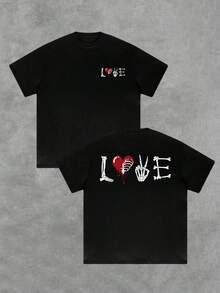 Corazón rojo roto con huesos que forman la palabra LOVE símbolo de pasión eterna Camiseta doble cara para hombre - Negro - Ver 1