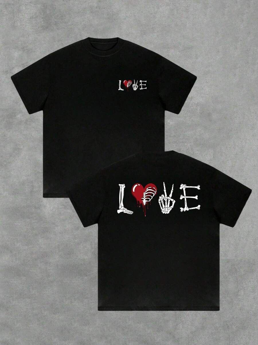 Corazón rojo roto con huesos que forman la palabra LOVE símbolo de pasión eterna Camiseta doble cara para hombre - Negro - Ver 1