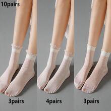 1/3/10 Pairs Women's Mid-Calf Socks, Heart Stripe Polka Dot Pattern, Frill Trim, Sweet Preppy Style, Soft And Breathable, Multiple Pattern Options, Suitable For Spring/Autumn Back To School Season And Daily Commute, Pair With Loafers And Sneakers - Multicolor - View 10